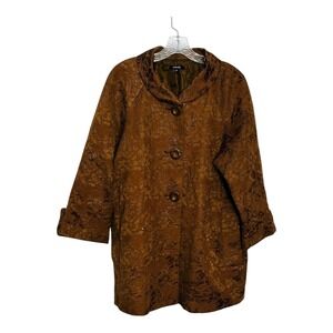 Rafaella XL Brown Floral Textured Button Front 3/4 Sleeve Coat Jacket Women
